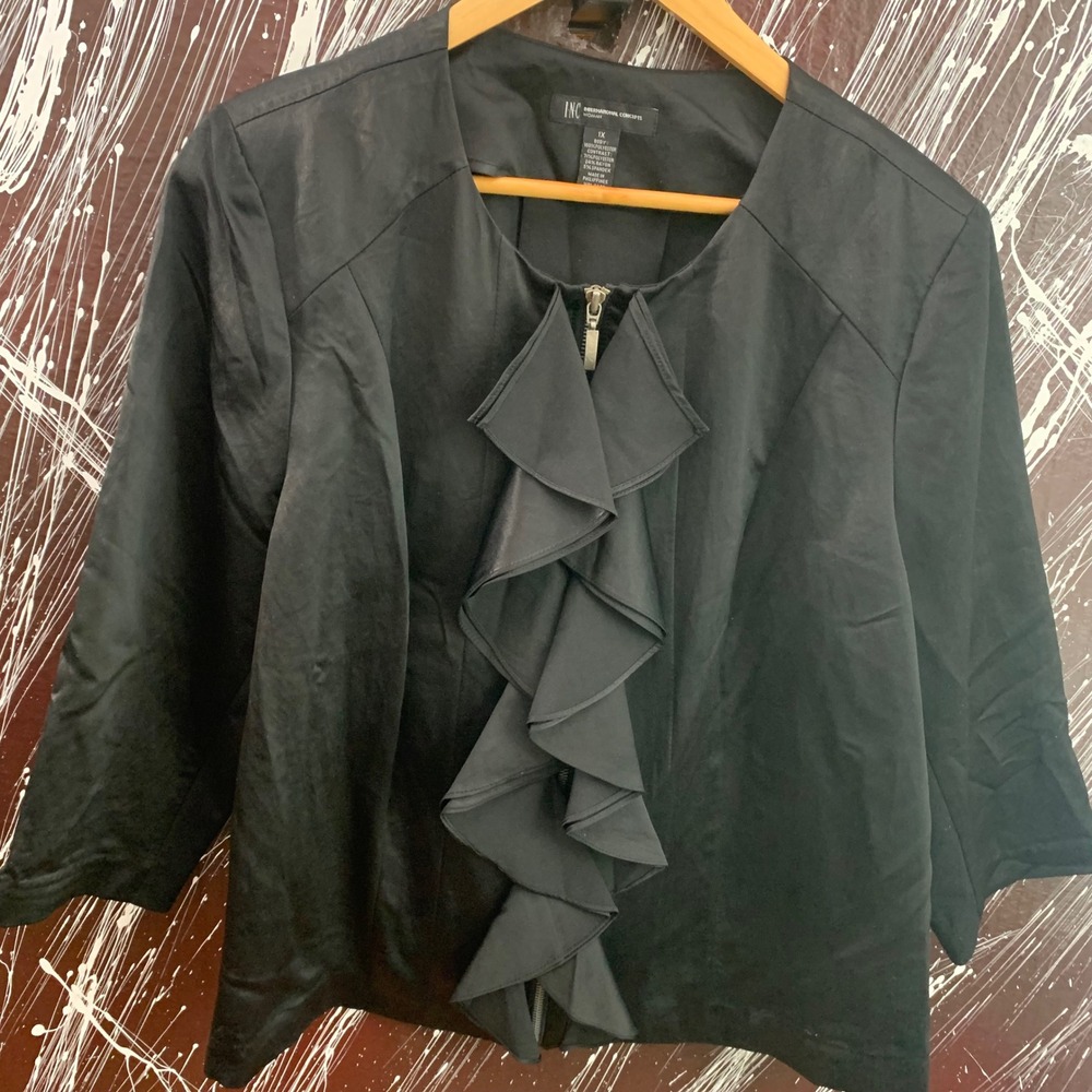 INC International Concepts Woman Black Ruffle Zip Front Jacket 1X 3/4 Sleeve